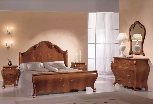 Ensemble de chambre brune Mobilier de luxe Lits Tables de chevet Miroir Commode