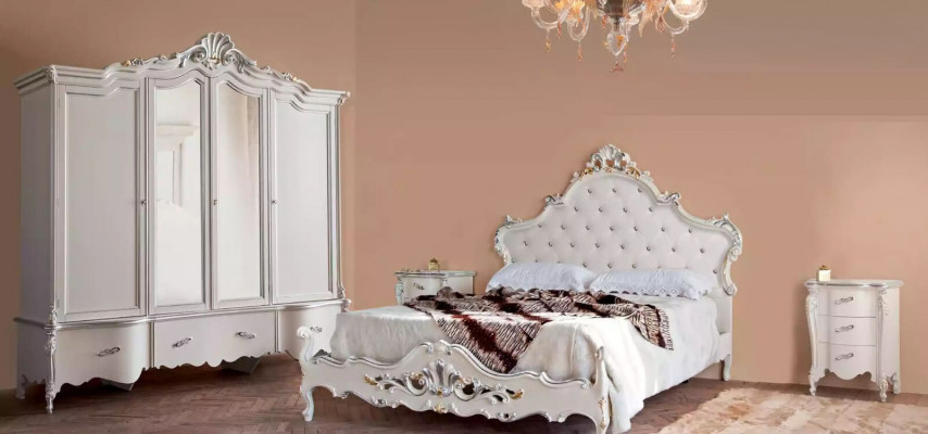 Ensemble de chambre blanche Classique avec lit 2x tables de chevet Armoire