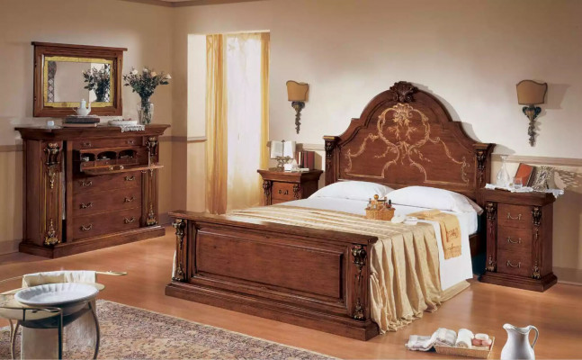 Ensemble de chambre classique en marron: lit 2x tables de chevet Commode Ensemble de 5 pièces