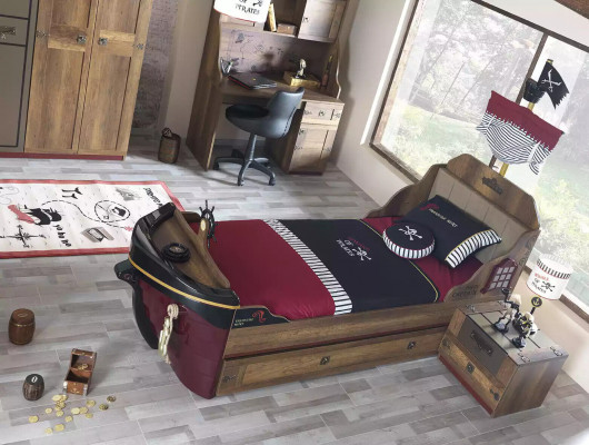 Lit fonctionnel de pirate Lit d'enfants Marron Bois Ensemble Table de chevet Lits Lit