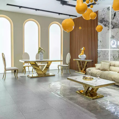 Meubles de salle à manger, table de salle à manger en acier inoxydable, table en or, tables modernes.