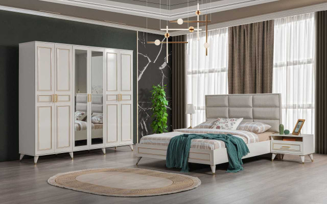 Mobilier de chambre blanc en bois Armoire en verre Lit double Tables de chevet en textile