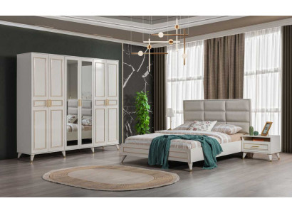 Mobilier de chambre blanc en bois Armoire en verre Lit double Tables de chevet en textile