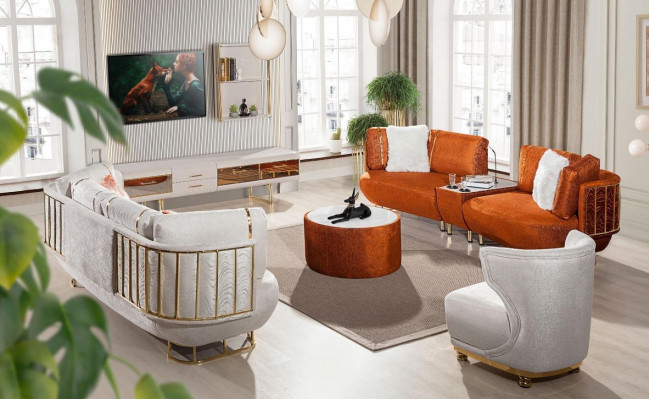 Mobilier de salon moderne en orange et blanc Trois places Table basse Mobilier en bois