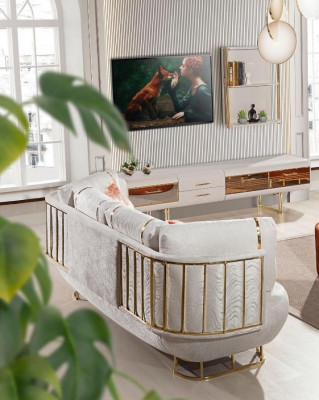 Mobilier de salon moderne en orange et blanc Trois places Table basse Mobilier en bois