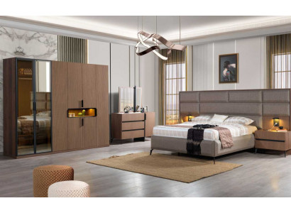 Chambre marron Mobilier en bois Textile Lit Tables de chevet Commode Armoire