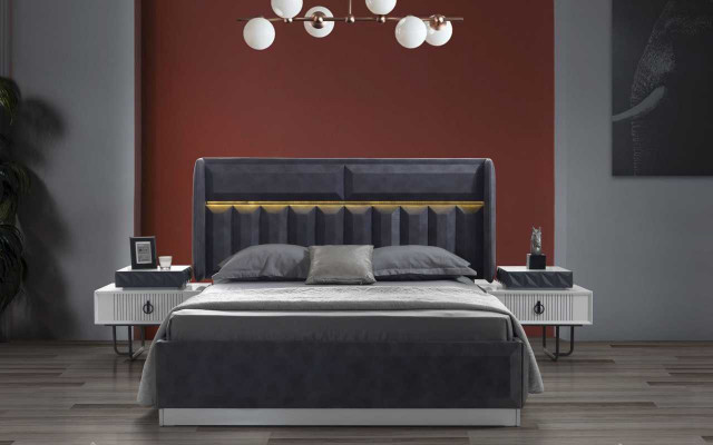 Mobilier de chambre gris-blanc Textile Lit Tables de chevet Armoires de luxe nouvel