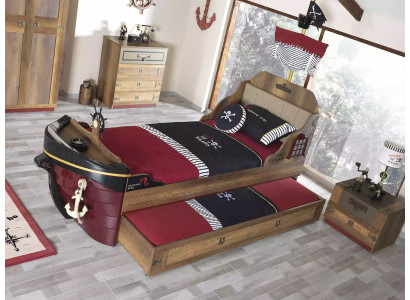 Ensemble de 3 pièces pour enfants Lit jeunesse Cadre de lit Pirate en bois marron Chambre d'enfant