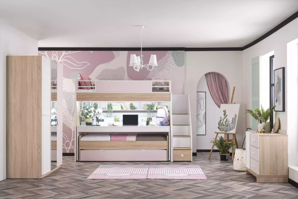 Lit superposé Lit avec 3 places de couchage Lit multifonction Bois Rose Luxe Lit mezzanine