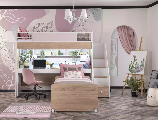 Lit superposé Lit avec 3 places de couchage Lit multifonction Bois Rose Luxe Lit mezzanine