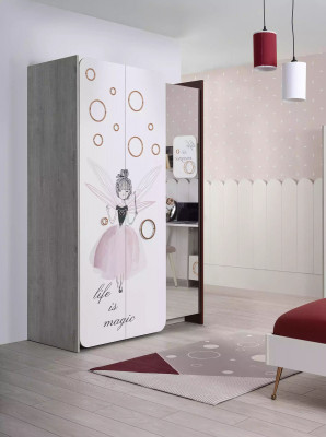 Blanc Gris Set de chambre pour enfants Lit Table de chevet Armoire Bois 3 pièces