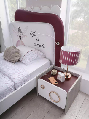 Blanc Gris Set de chambre pour enfants Lit Table de chevet Armoire Bois 3 pièces