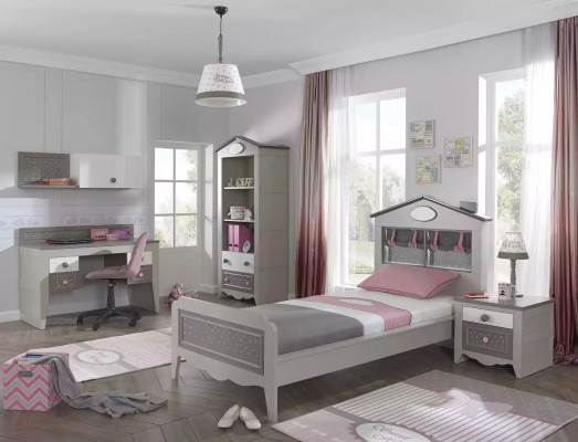 Ensemble complet de chambre d'enfants Lit 5 pièces en bois gris Mobilier de chambre d'enfants