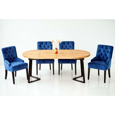 Table à manger ronde en bois bleu du designer avec 4 chaises Chesterfield pour la salle à manger ensemble de 5 pièces.