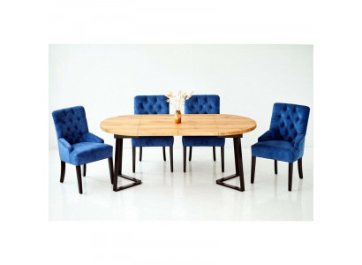 Table à manger ronde en bois bleu du designer avec 4 chaises Chesterfield pour la salle à manger ensemble de 5 pièces.