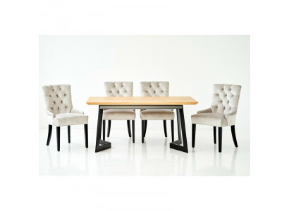 Table à manger en bois brun avec cadre en métal x6 Chaises Chesterfield de designer ensemble de 7 pièces luxueux.