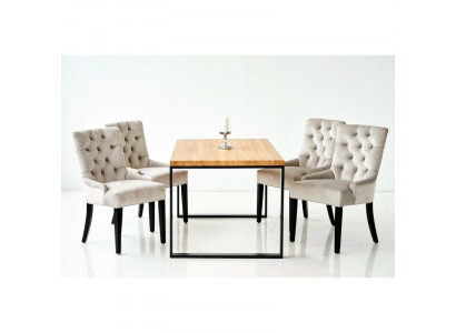 Table de salle à manger rectangulaire marron moderne avec 6 chaises Chesterfield blanches.
