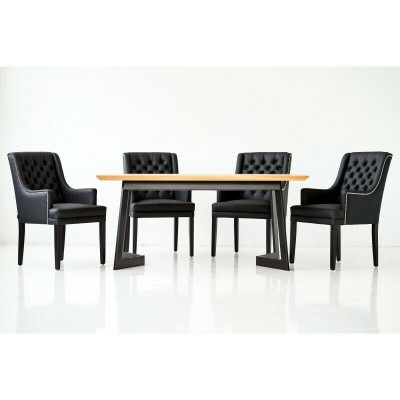 Table de salle à manger ovale moderne avec chaises Chesterfield noires design, ensemble de 7 pièces.