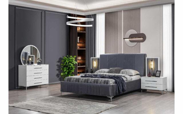 Mobilier de chambre blanc Lit en tissu Grande armoire Tables de chevet