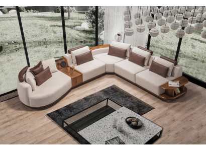 Canapé d'angle beige pour salon, canapé exclusif en forme de L, cadre en bois moderne