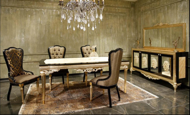 Ensemble de salle à manger Suite Salle à manger Ensemble de table à manger 7 pièces en bois noble marron de luxe.