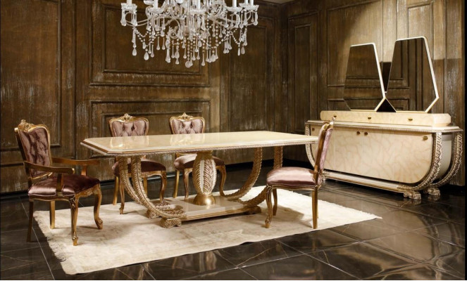 Ensemble de salle à manger classique: table à manger noble, 4 chaises, buffet, vaisselier - 8 pièces