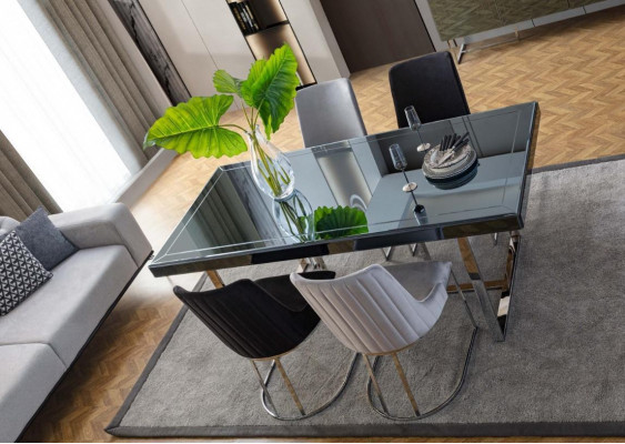 Mobilier de salle à manger Noir-Gris Table à manger rectangulaire 4x chaises en textile