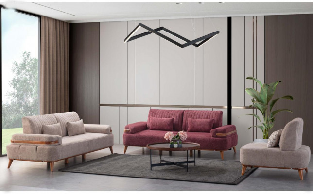 Ensemble de canapé beige-rose exclusif pour trois personnes, rembourrage pour canapé trois places et fauteuil une place.