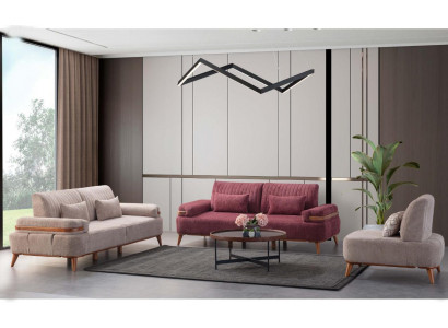 Ensemble de canapé beige-rose exclusif pour trois personnes, rembourrage pour canapé trois places et fauteuil une place.