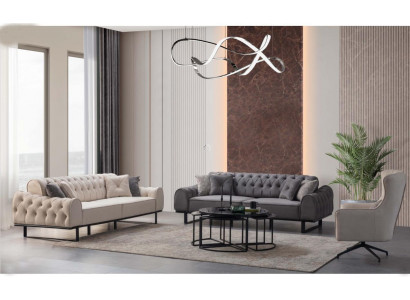 Ensemble de canapé Chesterfield blanc et gris avec fauteuil rembourré design, ensemble de 3 pièces.