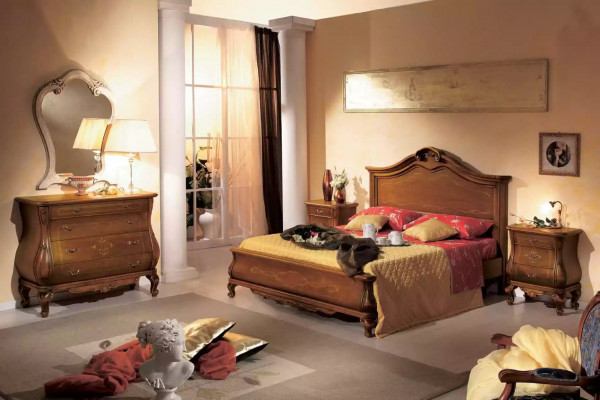 Ensemble de chambre marron Lit 2x Tables de chevet Commode Miroir Classique