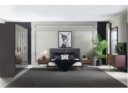 Chambre en mezzanine Lit gris Armoire Tables de chevet Commode Ensemble de 5 pièces