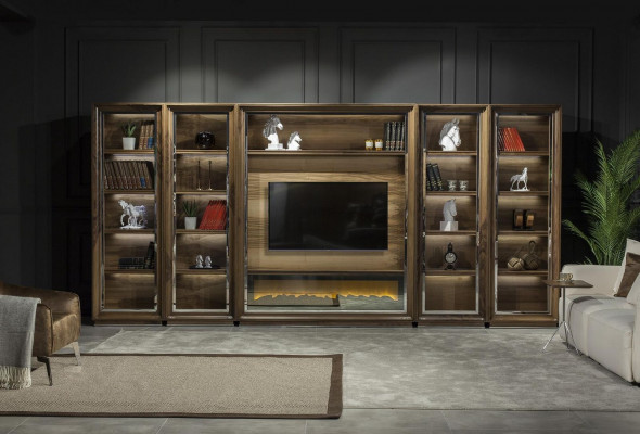 Étagères murales de luxe 448cm Armoire Murale Unité murale avec cheminée Salon Bois