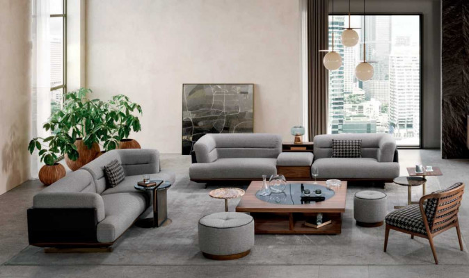 Ensemble de salon de luxe Canapé gris avec fauteuil 2x Tabouret Design moderne
