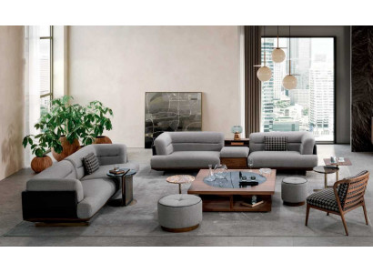 Ensemble de salon de luxe Canapé gris avec fauteuil 2x Tabouret Design moderne