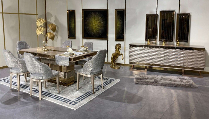 Ensemble de salle à manger de luxe Table de salle à manger 6x chaises Buffet Buffet Miroir 11 pièces