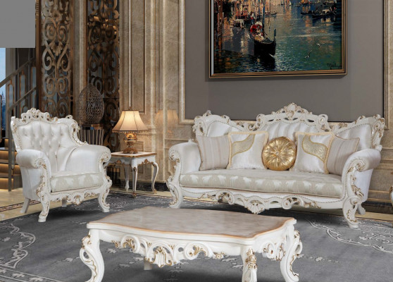Canapé Chesterfield ensemble de rembourrage 3+1 places en textile blanc Table basse de trois places