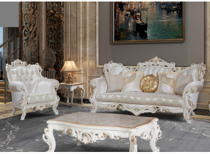 Canapé Chesterfield ensemble de rembourrage 3+1 places en textile blanc Table basse de trois places