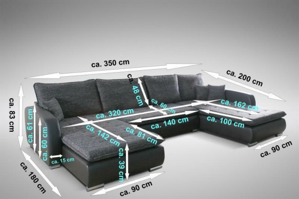 Canapé d'angle design en U avec fonction lit, en cuir et tissu. Nouveau canapé pour un nouvel aménagement de salon.