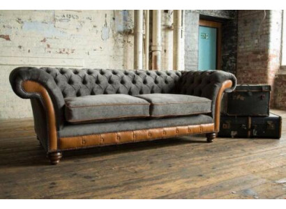 Canapé XXL 3 places Chesterfield Revêtement Siège Suite Cuir Textile Gris neuf