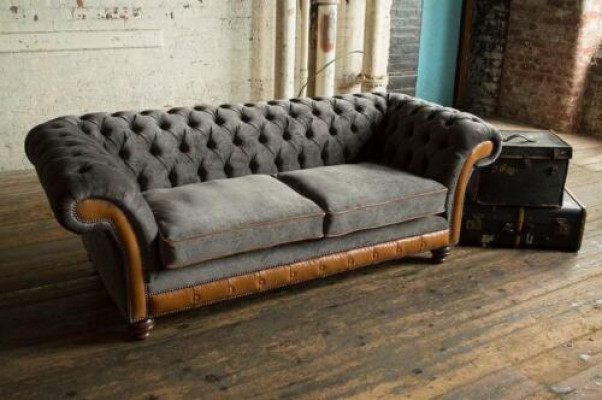 Canapé XXL 3 places Chesterfield Revêtement Siège Suite Cuir Textile Gris neuf