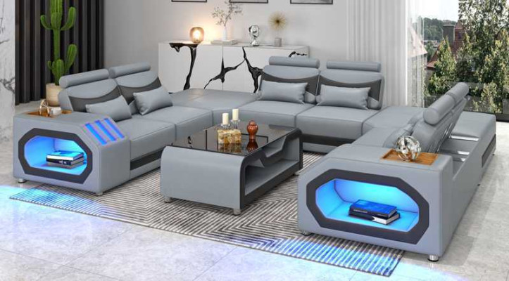 Design Living Landschaft Großes Sofa XXL U-Form Ecksofa Ledersofa Rot LED