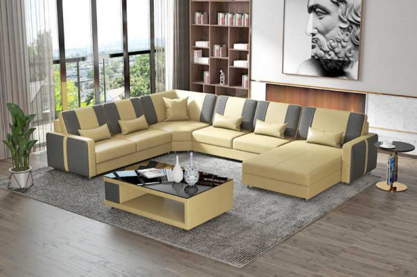 Grand canapé d'angle en cuir gris en forme de U pour un grand salon moderne.