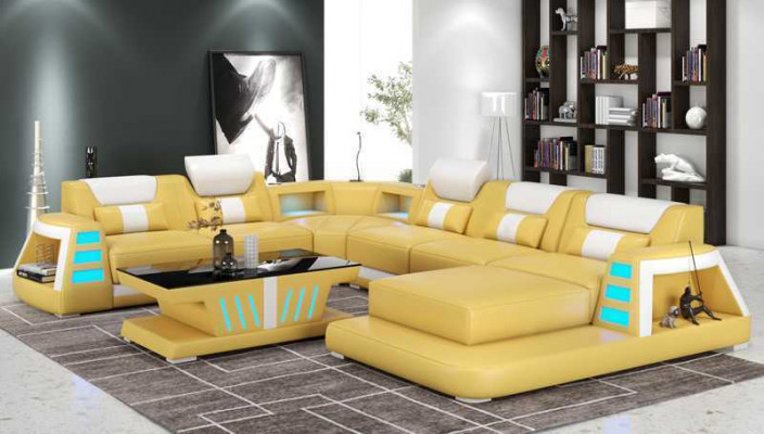 Canapé Canapé d'angle contemporain en forme de U Jaune Paysage vivant Canapé en cuir Sofa