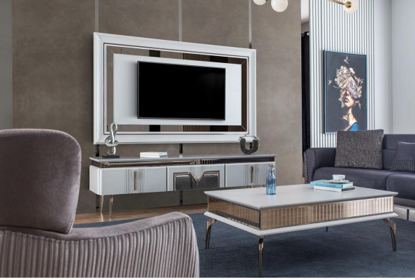 Unité murale Salon Gris Meuble Buffet Panneau mural TV panneau 2 pièces