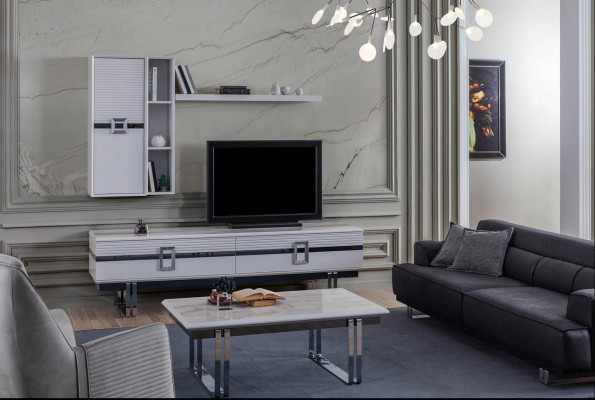 Mur unité moderne pour le salon. Il se compose de 4 pièces en blanc exclusif.