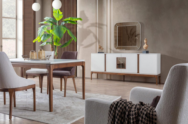 Ensemble de salle à manger de luxe Table à manger 4 chaises Buffet Miroir 7 pièces Moderne