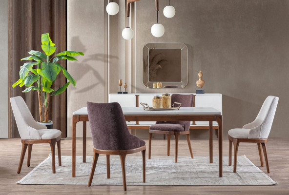 Ensemble de salle à manger de luxe Table à manger 4 chaises Buffet Miroir 7 pièces Moderne