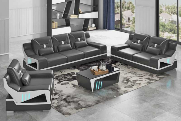 Ensemble de canapé de luxe complet Noir en simili cuir Canapé 3-2-1