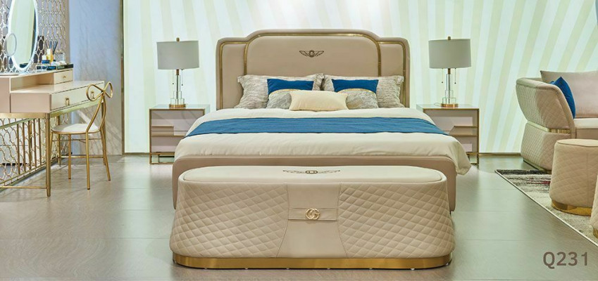 Lit Table de chevet Commode 4 pièces Ensemble de chambre à coucher Design Moderne Luxueux